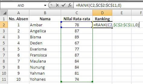 Rumus Ranking di Excel